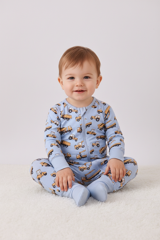 Blue Construction Trucks Baby Zip Romper – Soft Cotton One-Piece Pajamas