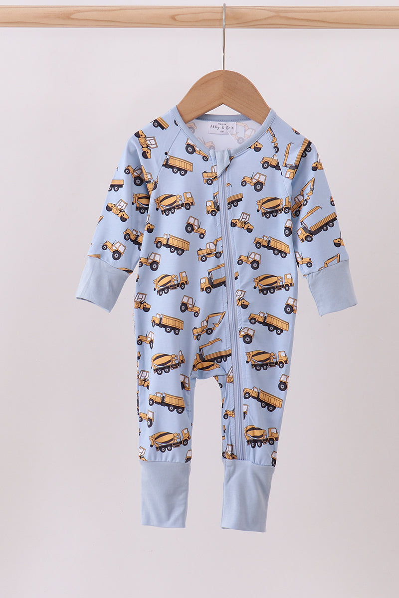 Blue Construction Trucks Baby Zip Romper – Soft Cotton One-Piece Pajamas