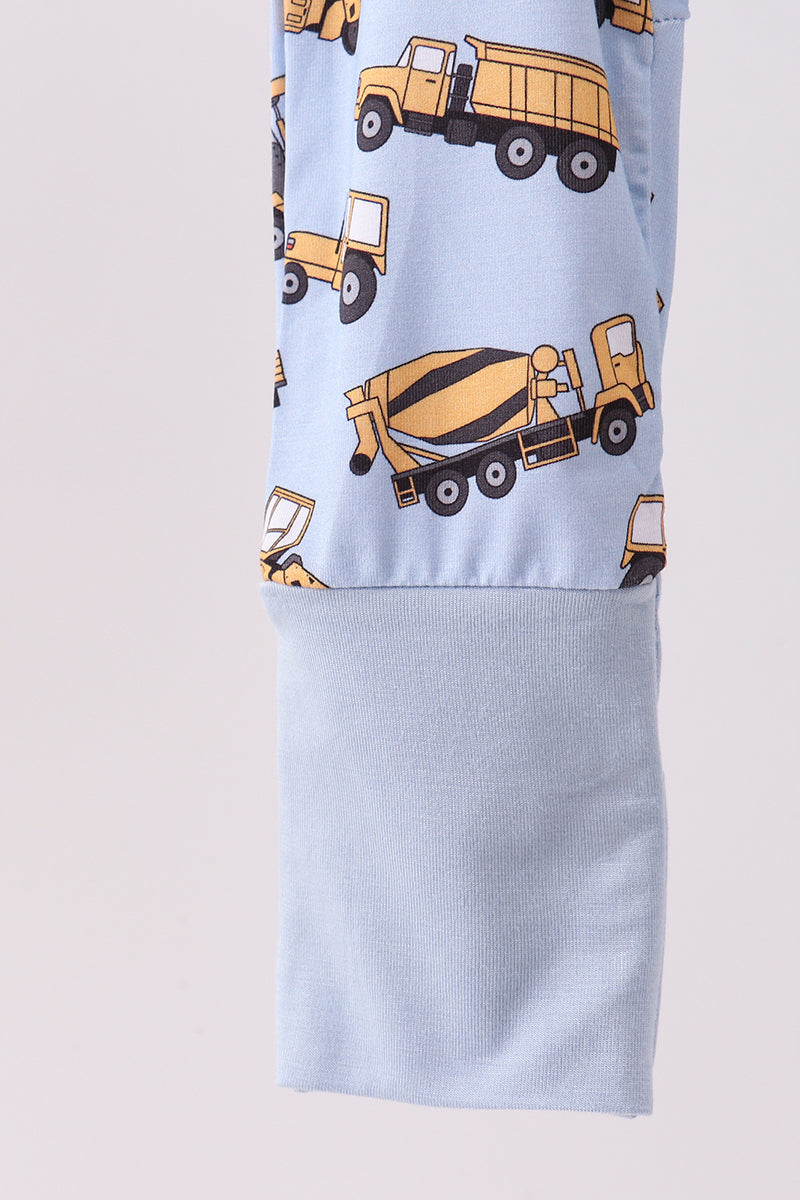 Blue Construction Trucks Baby Zip Romper – Soft Cotton One-Piece Pajamas