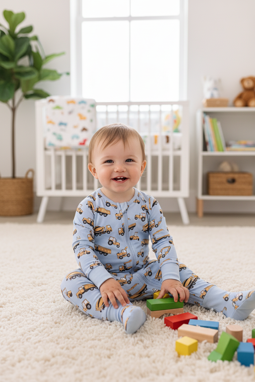 Blue Construction Trucks Baby Zip Romper – Soft Cotton One-Piece Pajamas