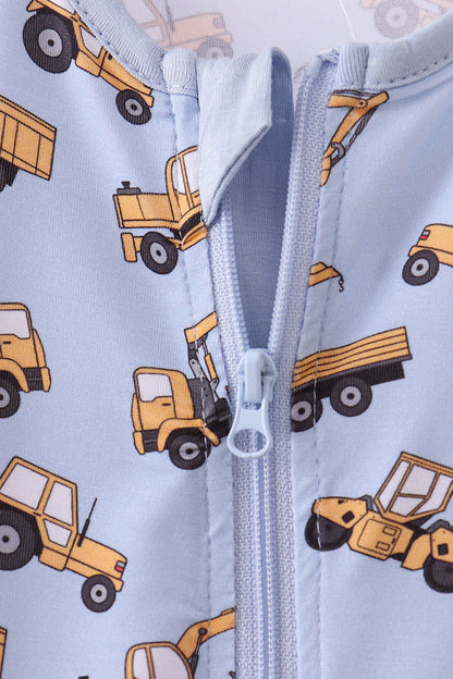 Blue Construction Trucks Baby Zip Romper – Soft Cotton One-Piece Pajamas