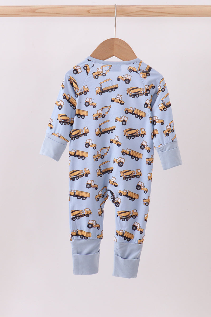 Blue Construction Trucks Baby Zip Romper – Soft Cotton One-Piece Pajamas