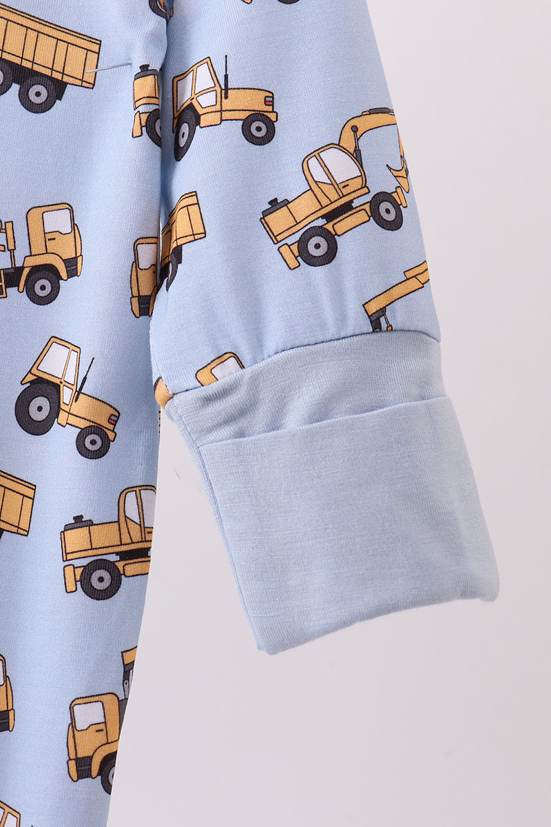 Blue Construction Trucks Baby Zip Romper – Soft Cotton One-Piece Pajamas