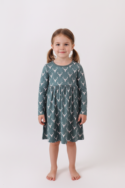 Forest Green Deer Print Twirl Dress