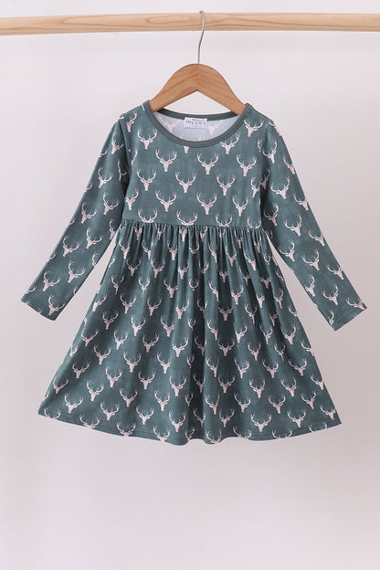 Forest Green Deer Print Twirl Dress