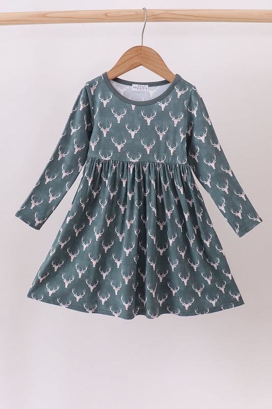 Forest Green Deer Print Twirl Dress