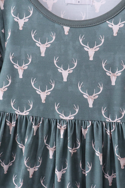 Forest Green Deer Print Twirl Dress