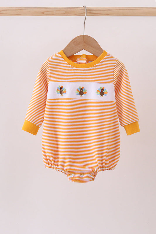Striped Turkey Embroidered Baby Romper – Perfect for Thanksgiving