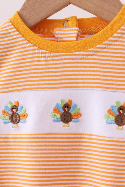 Striped Turkey Embroidered Baby Romper – Perfect for Thanksgiving