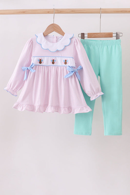 Pink Gingham Tunic & Mint Legging Set – Smocked Floral Detail