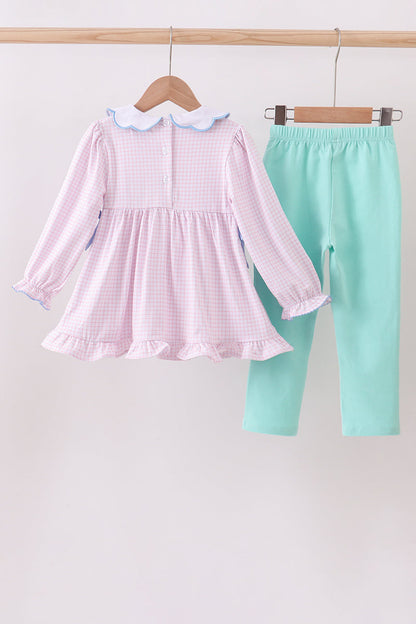 Pink Gingham Tunic & Mint Legging Set – Smocked Floral Detail