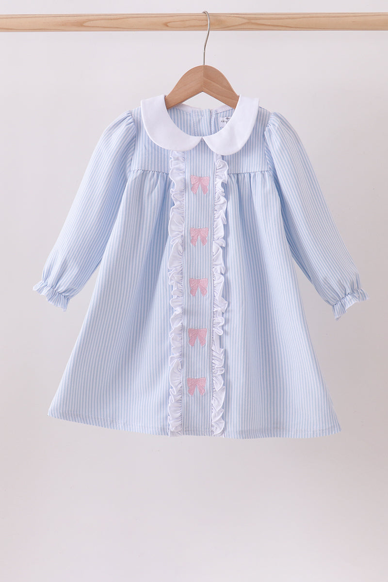 Blue & White Striped Long-Sleeve Dress with Pink Bows