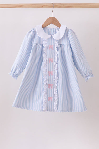 Blue & White Striped Long-Sleeve Dress with Pink Bows
