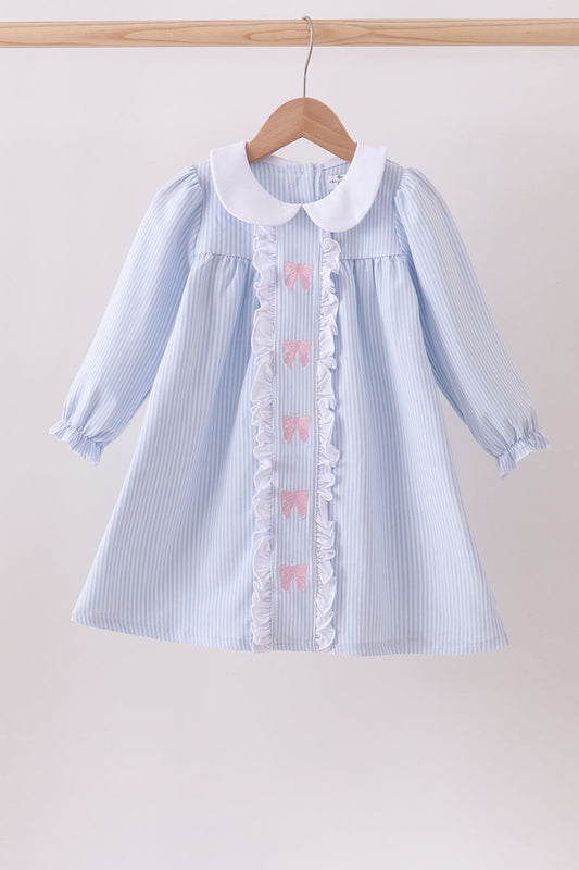 Blue & White Striped Long-Sleeve Dress with Pink Bows