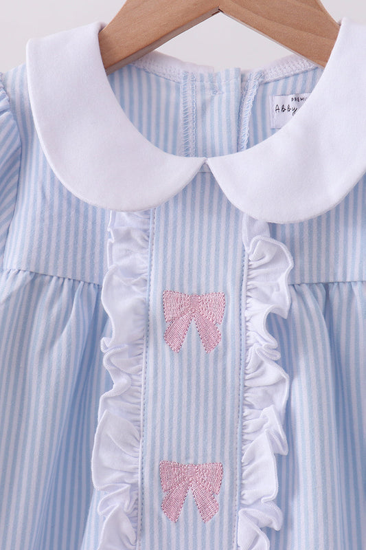 Blue & White Striped Long-Sleeve Dress with Pink Bows
