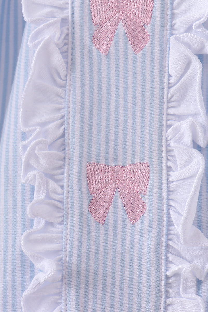 Blue & White Striped Long-Sleeve Dress with Pink Bows