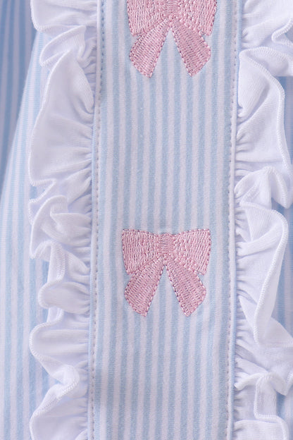 Blue & White Striped Long-Sleeve Dress with Pink Bows