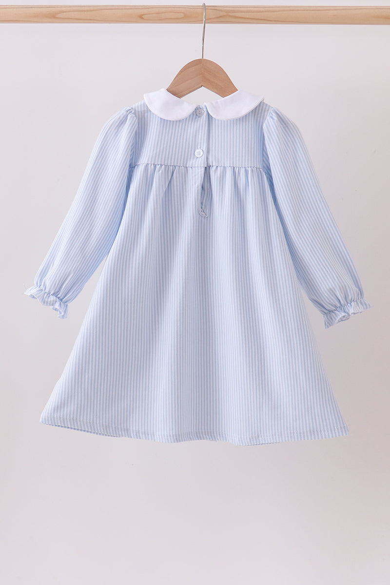 Blue & White Striped Long-Sleeve Dress with Pink Bows