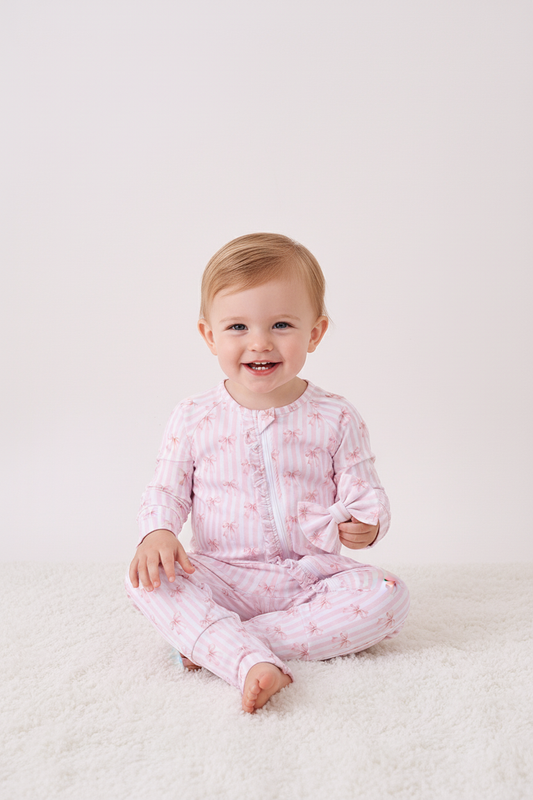 Pink Bow Stripe Ruffle Zip Romper