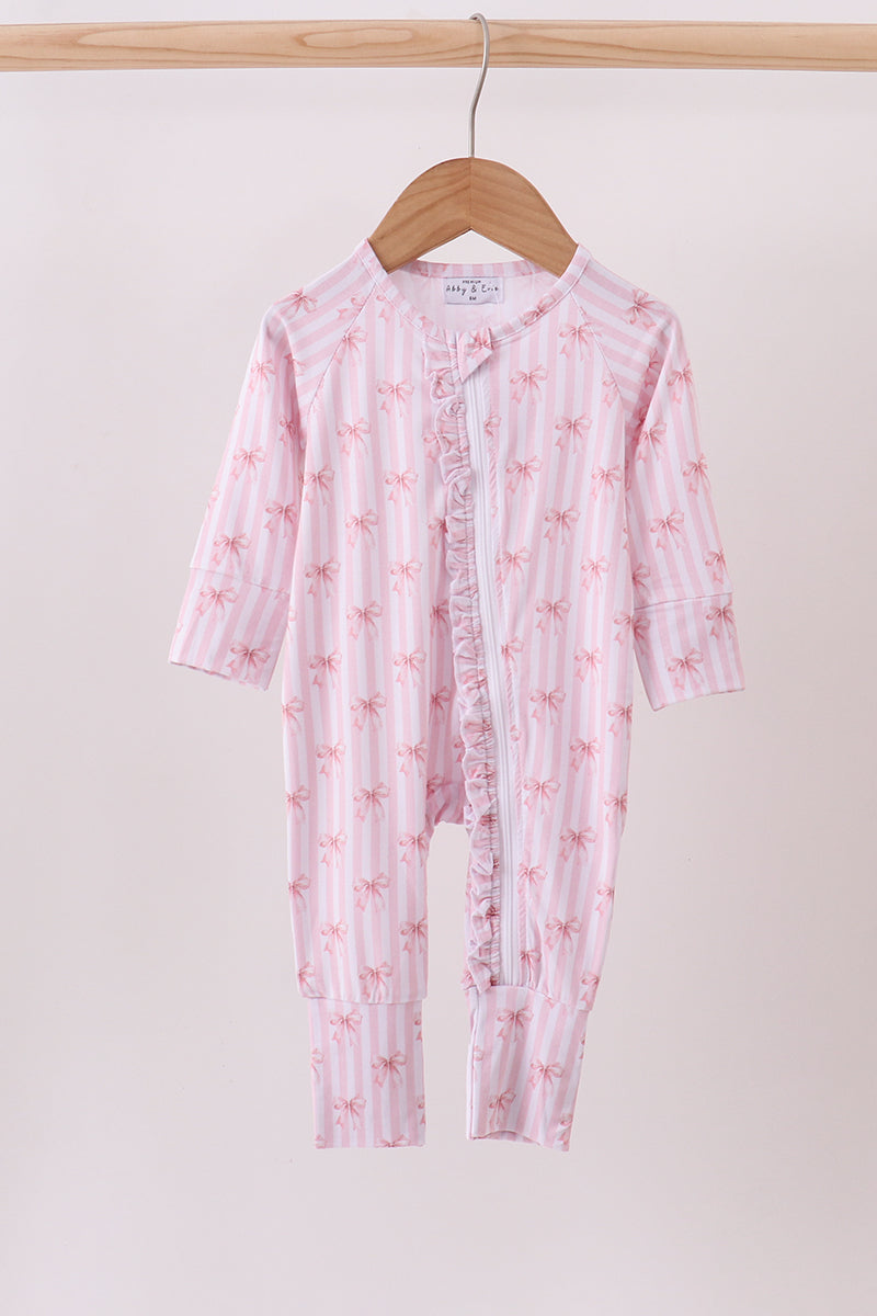 Pink Bow Stripe Ruffle Zip Romper