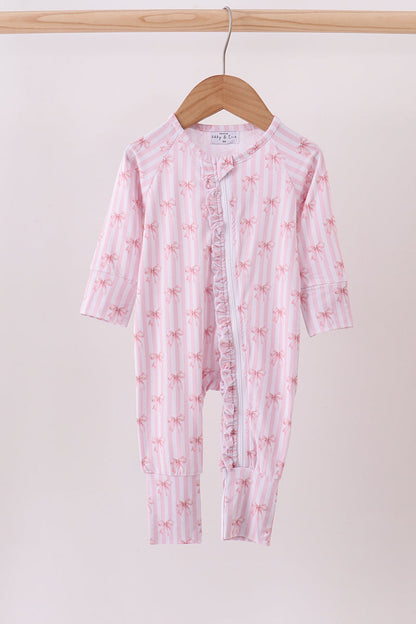 Pink Bow Stripe Ruffle Zip Romper
