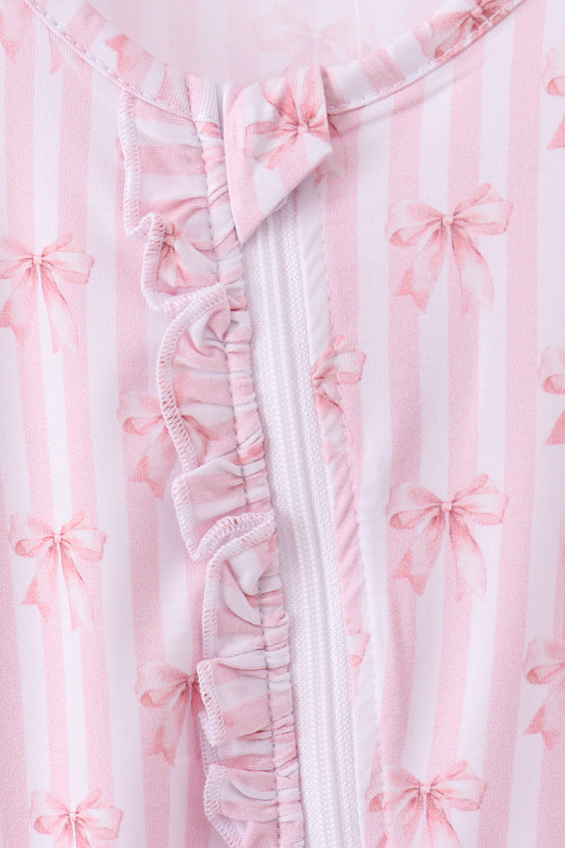 Pink Bow Stripe Ruffle Zip Romper