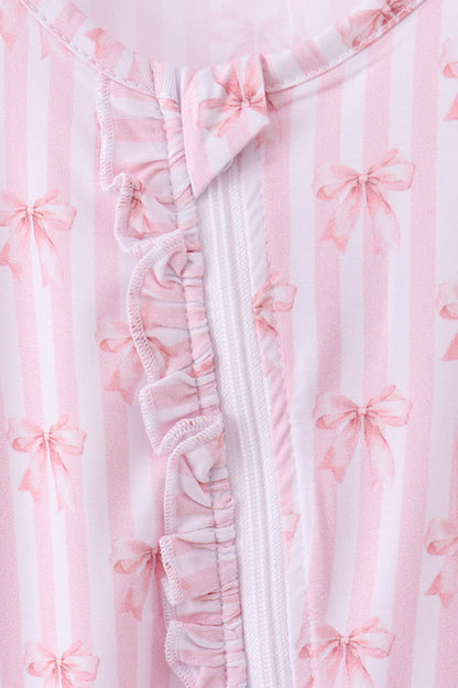 Pink Bow Stripe Ruffle Zip Romper