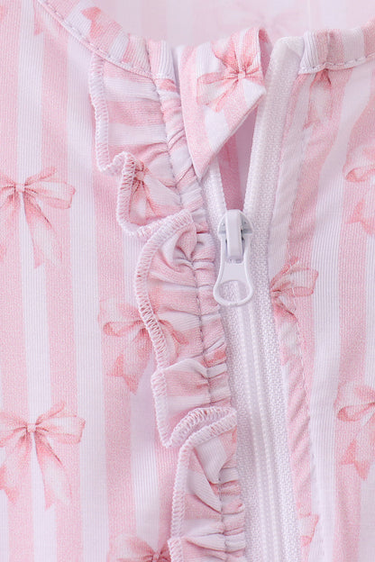 Pink Bow Stripe Ruffle Zip Romper