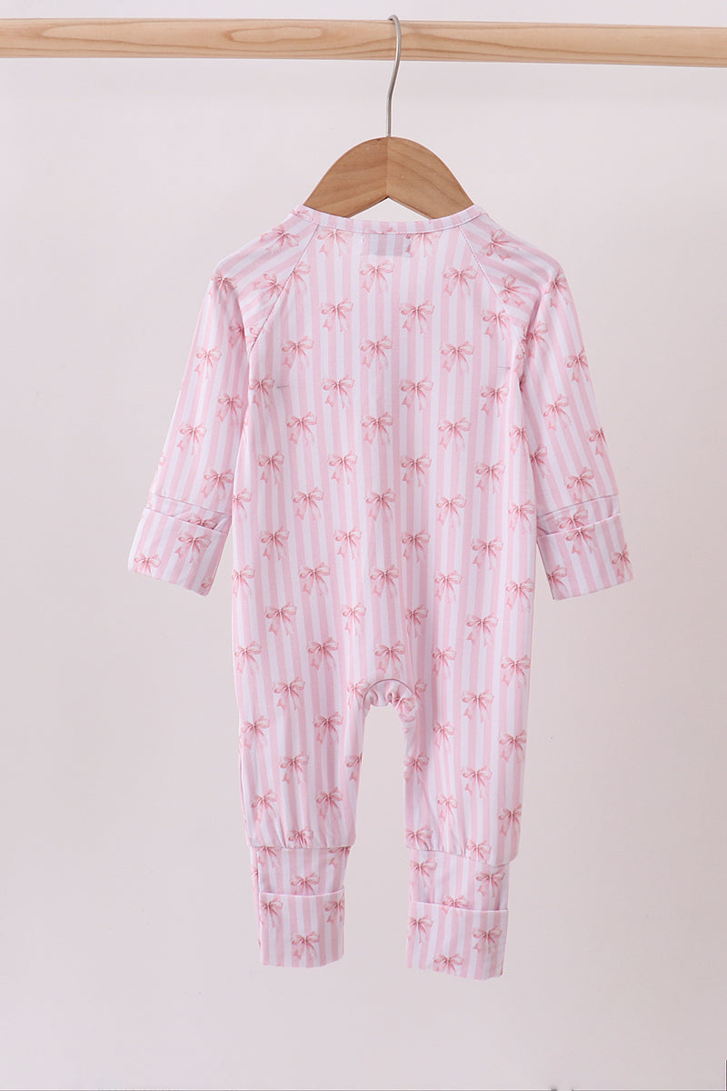 Pink Bow Stripe Ruffle Zip Romper