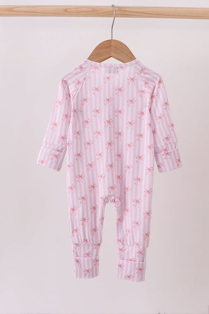 Pink Bow Stripe Ruffle Zip Romper