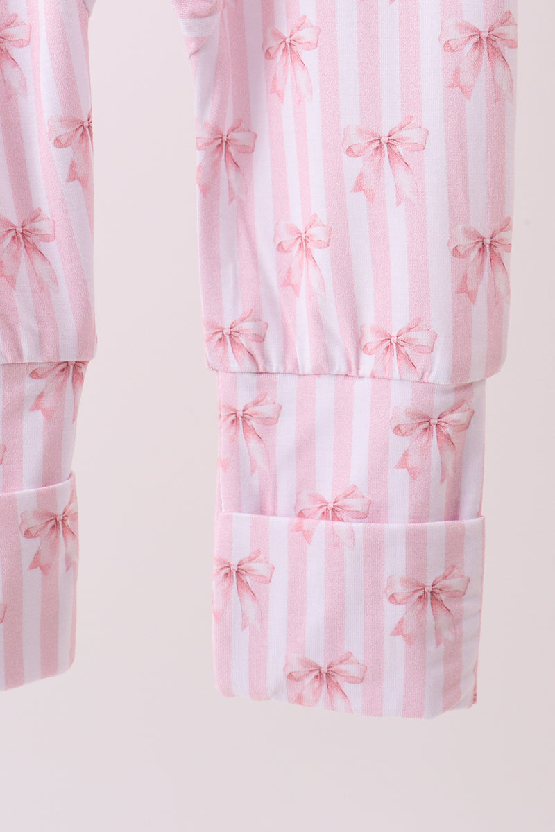 Pink Bow Stripe Ruffle Zip Romper