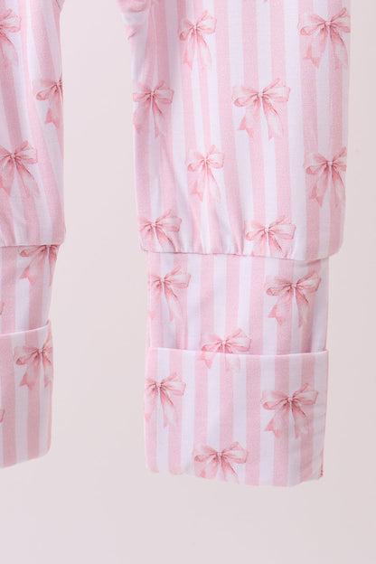 Pink Bow Stripe Ruffle Zip Romper