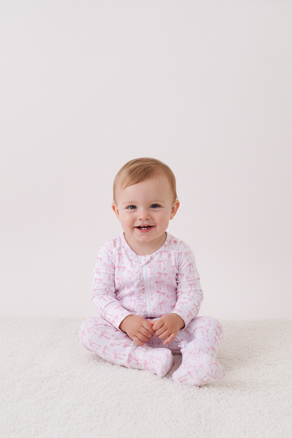 Pink Bows Baby Zip Romper – Soft Cotton One-Piece Pajamas