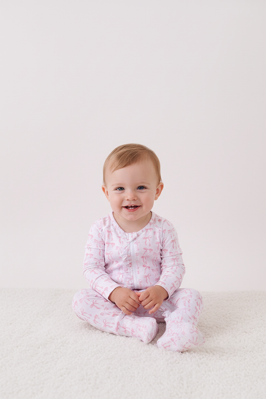 Pink Bows Baby Zip Romper – Soft Cotton One-Piece Pajamas