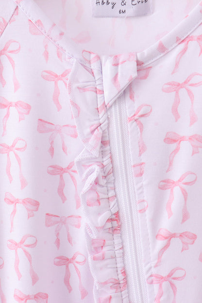 Pink Bows Baby Zip Romper – Soft Cotton One-Piece Pajamas