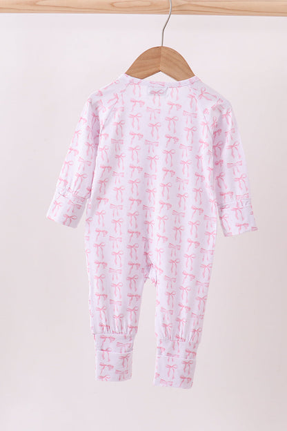 Pink Bows Baby Zip Romper – Soft Cotton One-Piece Pajamas