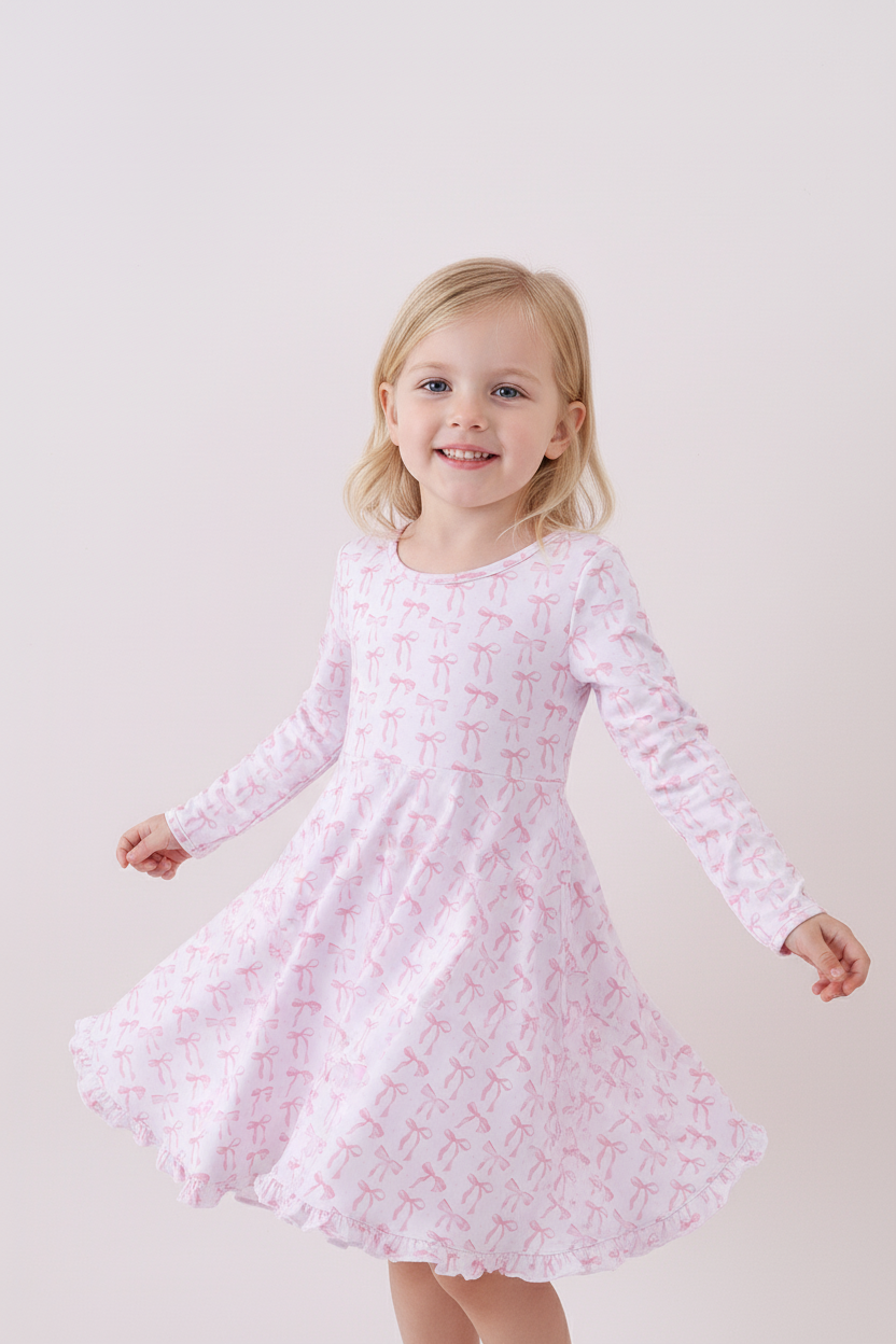 Pink Bow Long-Sleeve Twirl Dress