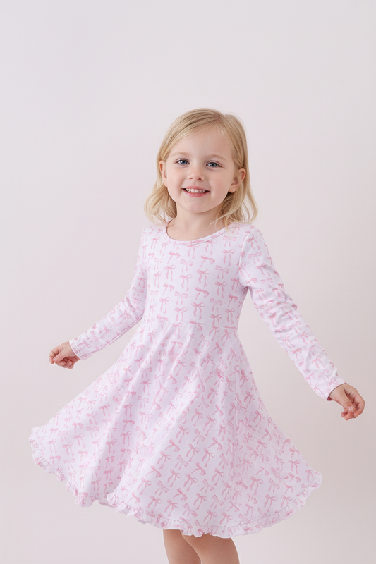 Pink Bow Long-Sleeve Twirl Dress