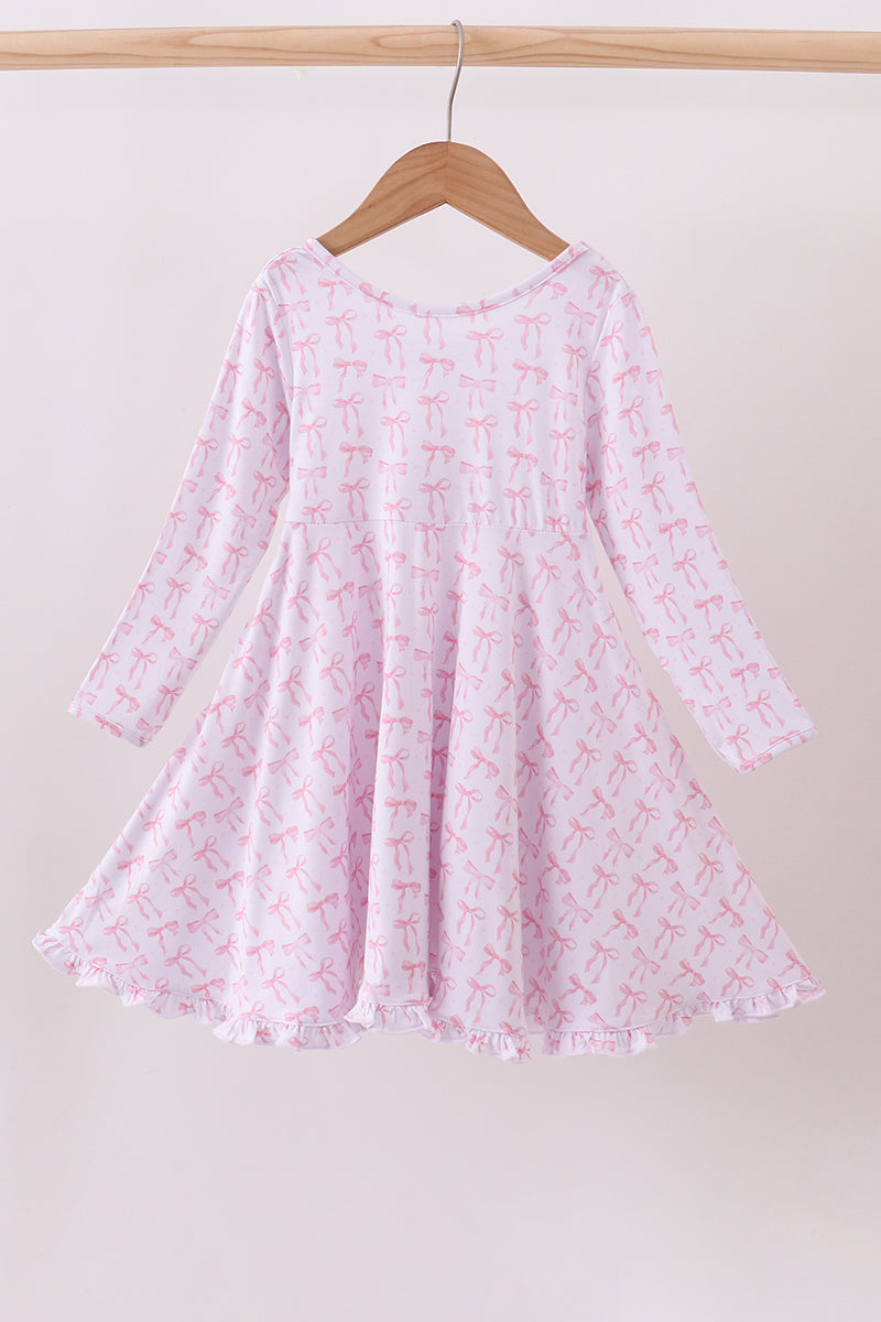 Pink Bow Long-Sleeve Twirl Dress