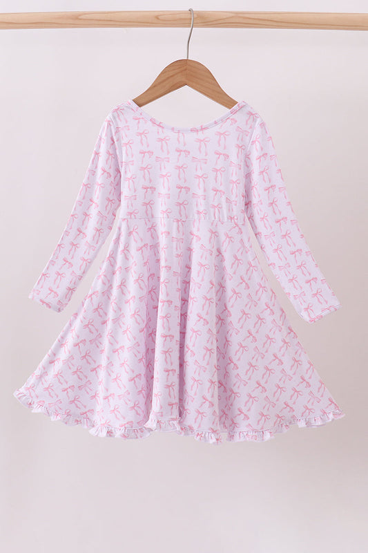 Pink Bow Long-Sleeve Twirl Dress