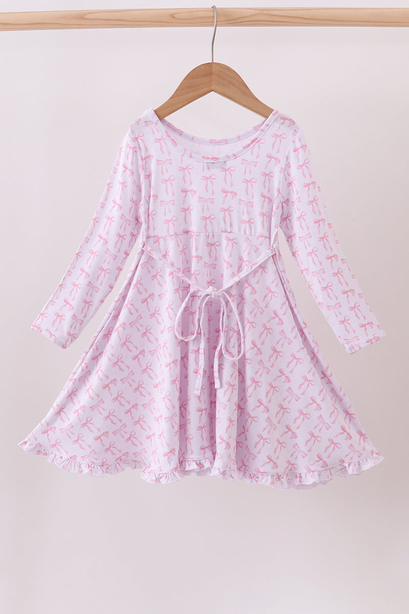Pink Bow Long-Sleeve Twirl Dress