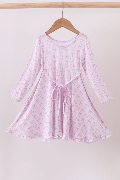 Pink Bow Long-Sleeve Twirl Dress