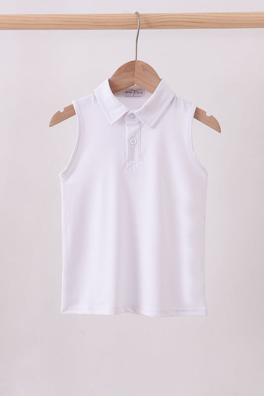 Classic white sleeveless polo top for kids. Lightweight, breathable, and perfect for school uniforms, play, and everyday wear.
