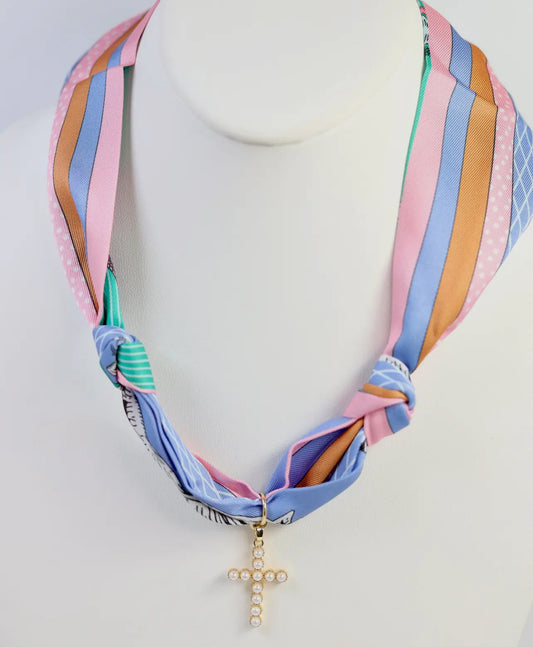 Pastel Silk Scarf Necklace with Crystal Cross Pendant