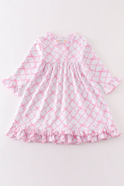 Pink Bow Lattice Long Sleeve Dress – Ruffle Trim