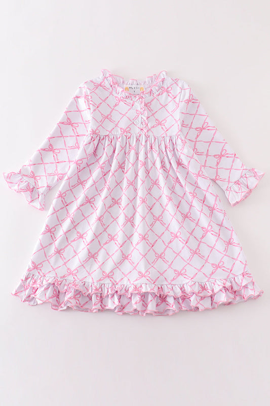 Pink Bow Lattice Long Sleeve Dress – Ruffle Trim