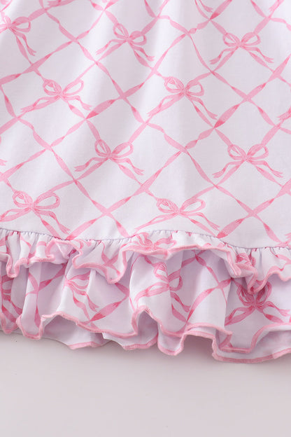 Pink Bow Lattice Long Sleeve Dress – Ruffle Trim