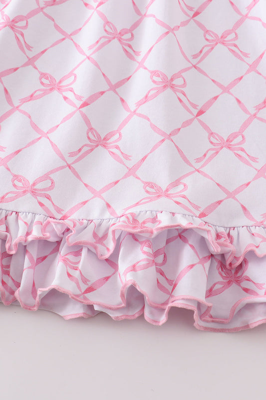 Pink Bow Lattice Long Sleeve Dress – Ruffle Trim