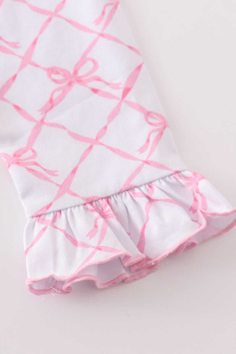 Pink Bow Lattice Long Sleeve Dress – Ruffle Trim