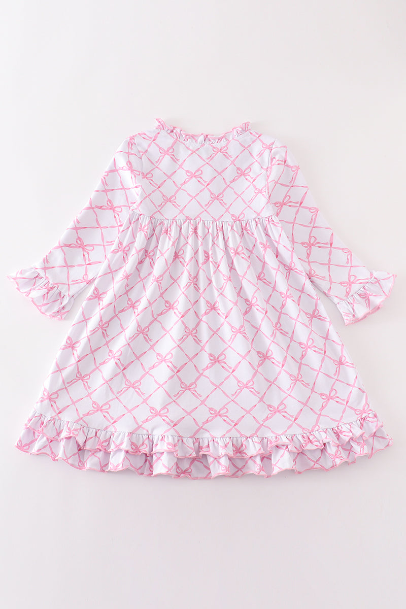 Pink Bow Lattice Long Sleeve Dress – Ruffle Trim